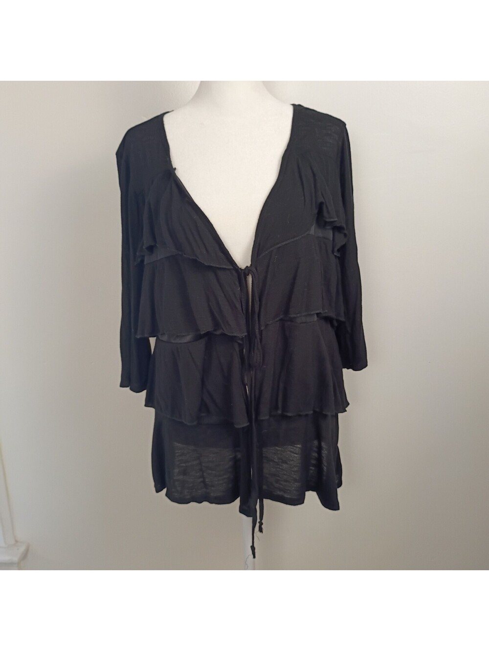 Only Nine Ruffled Tier Black Cardigan Tie Front Flounce Top Women's Size M/L